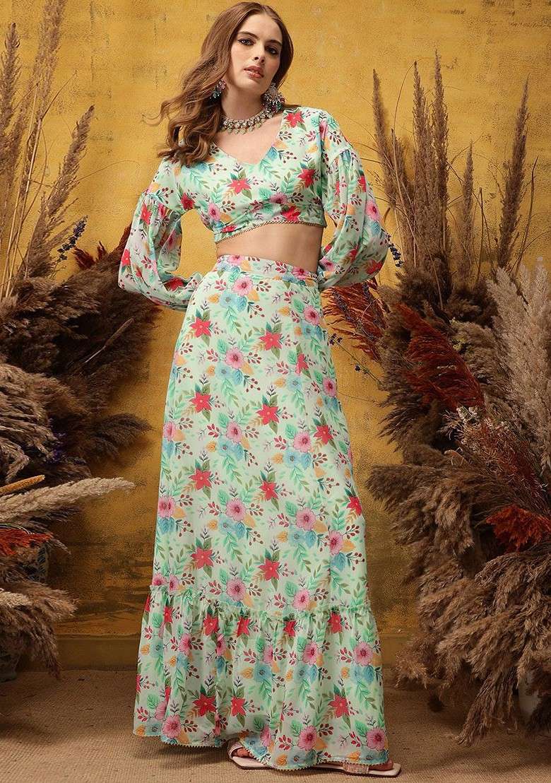 Turquoise Blue Printed Poly Blend Co Ord Set - Indya