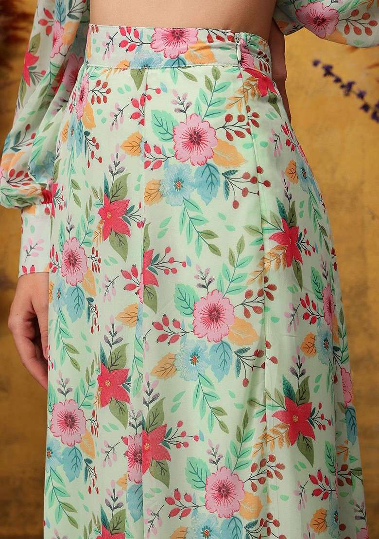 Turquoise Blue Printed Poly Blend Co Ord Set - Indya