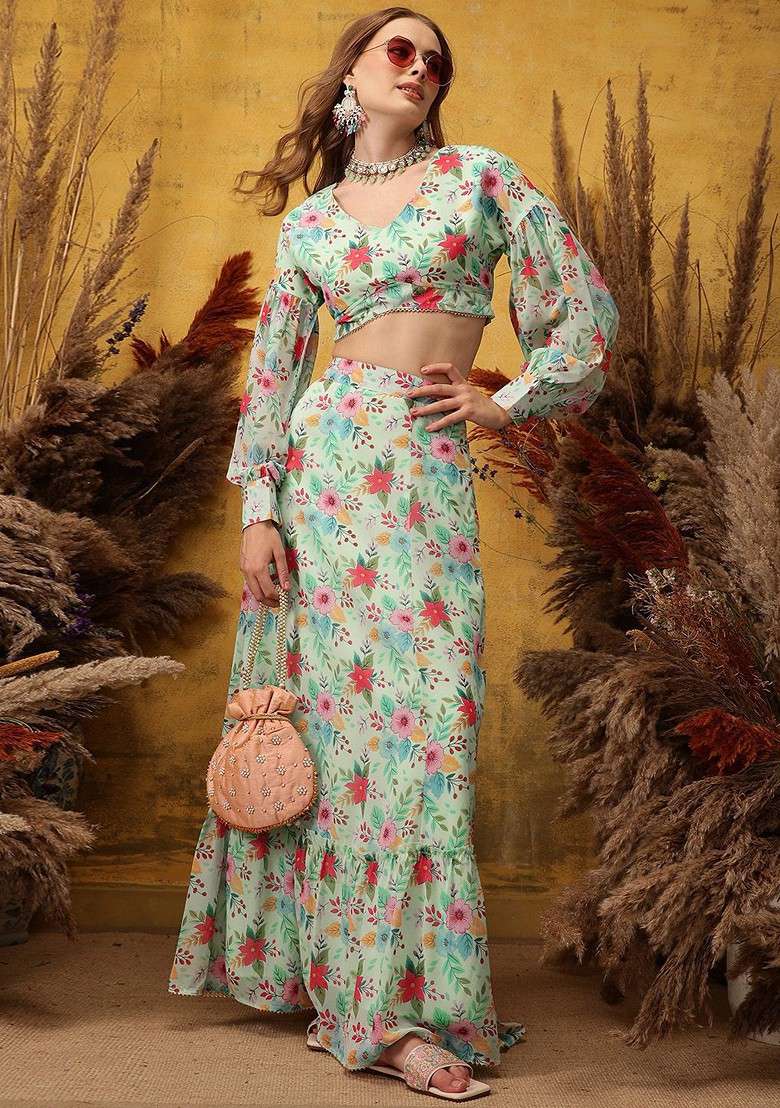 Turquoise Blue Printed Poly Blend Co Ord Set - Indya