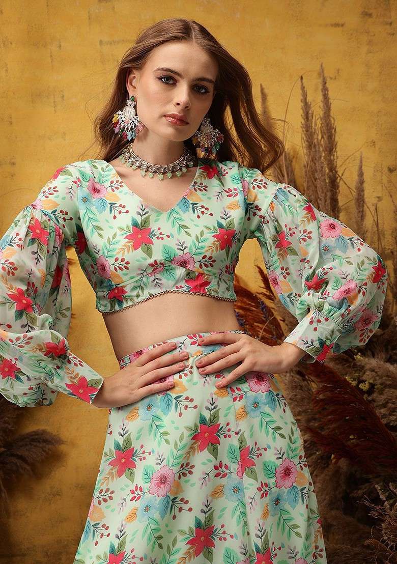Turquoise Blue Printed Poly Blend Co Ord Set - Indya