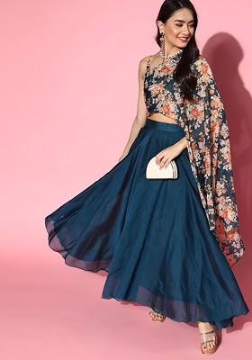 Teal Blue Printed Poly Blend Co Ord Set