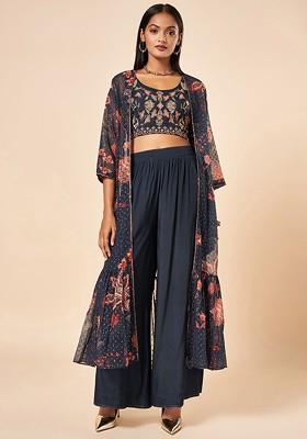 Navy Blue Printed Poly Blend Co Ord Set