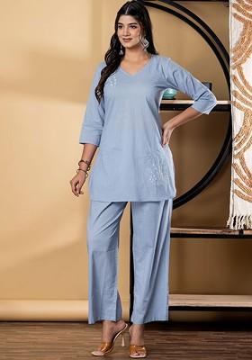 Blue Printed Poly Blend Co Ord Set