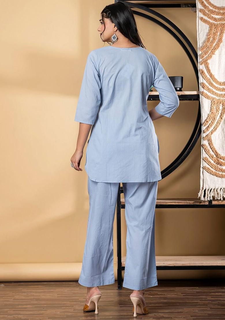 Blue Printed Poly Blend Co Ord Set - Indya