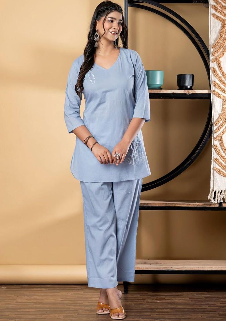 Blue Printed Poly Blend Co Ord Set - Indya