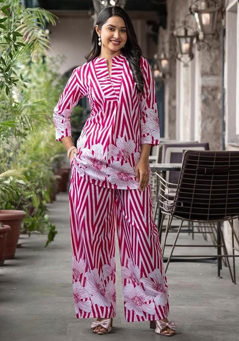 Maroon Printed Poly Blend Co Ord Set