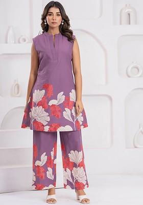 Purple Printed Cotton Co Ord Set
