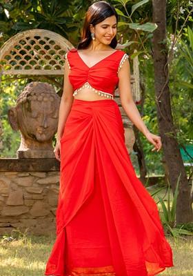 Red Printed Poly Blend Co Ord Set