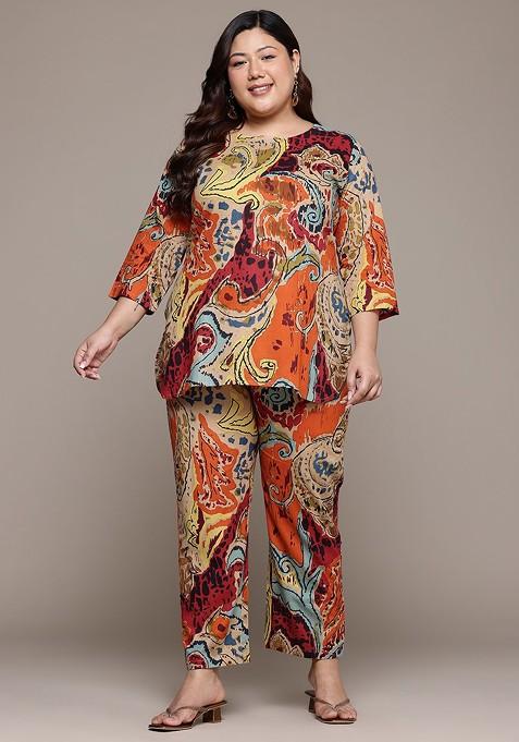 Beige Printed Cotton Co Ord Set