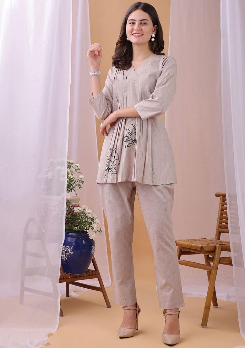 Brown Printed Poly Blend Co Ord Set - Indya