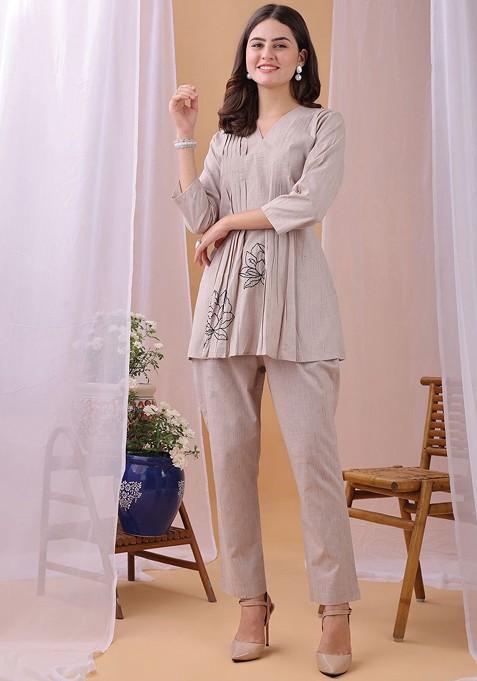 Brown Printed Poly Blend Co Ord Set