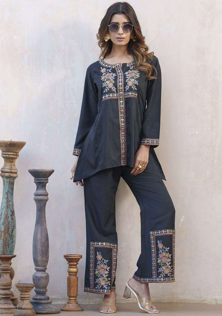 Black Printed Poly Blend Co Ord Set - Indya