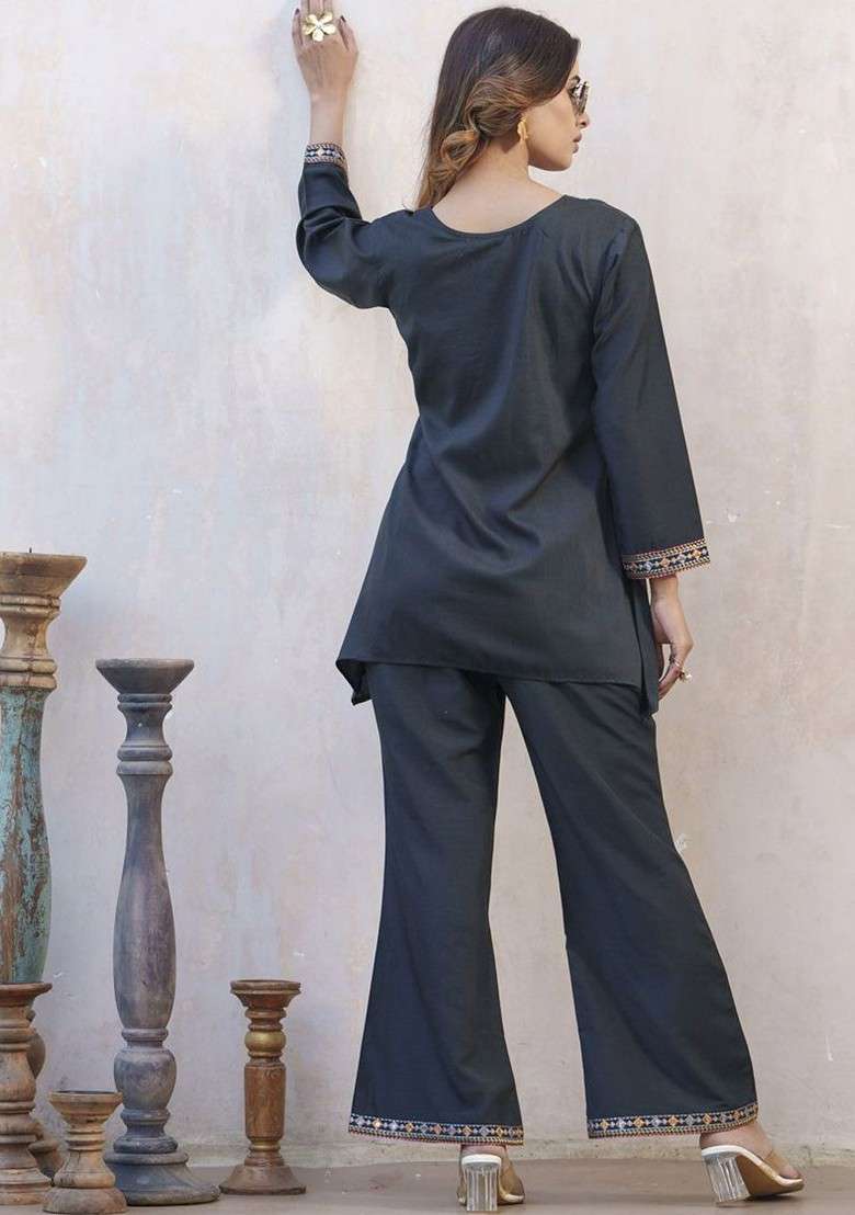 Black Printed Poly Blend Co Ord Set - Indya