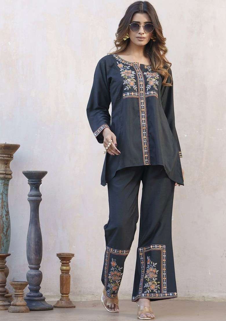 Black Printed Poly Blend Co Ord Set - Indya