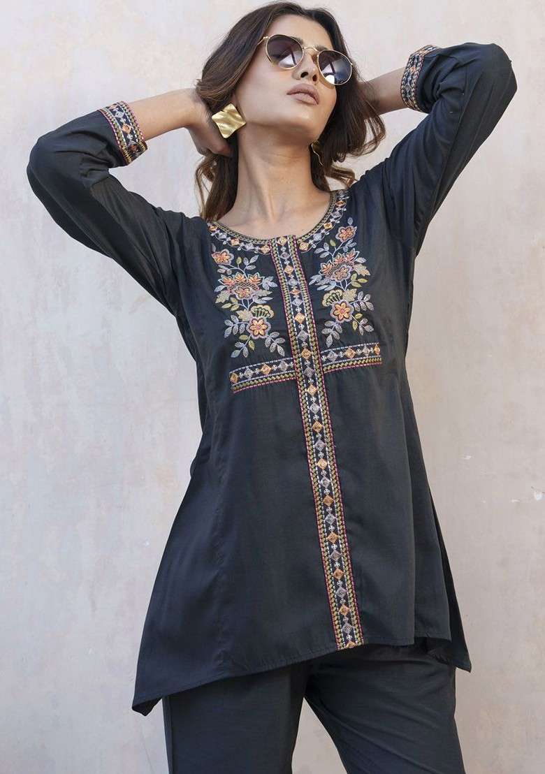 Black Printed Poly Blend Co Ord Set - Indya