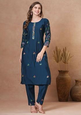 Teal Blue Printed Poly Blend Co Ord Set