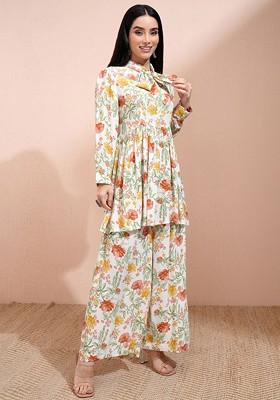 Off White Printed Poly Blend Co Ord Set