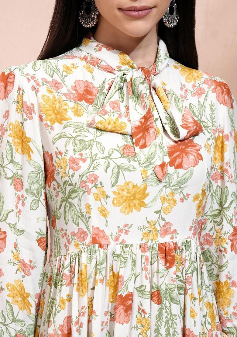 Off White Printed Poly Blend Co Ord Set - Indya