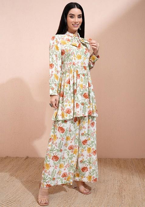 Off White Printed Poly Blend Co Ord Set