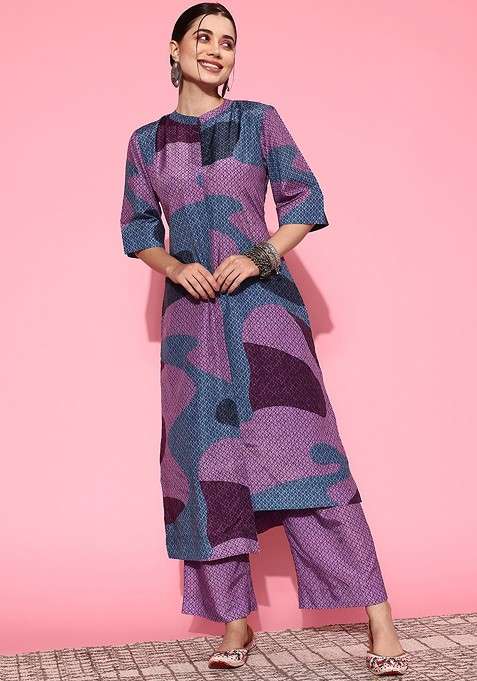 Purple Printed Poly Blend Co Ord Set
