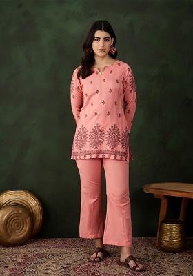 Peach Printed Poly Blend Co Ord Set