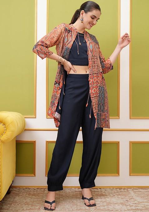 Navy Blue Printed Poly Blend Co Ord Set