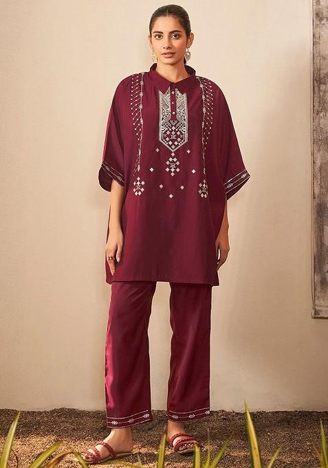 Maroon Printed Viscose Co Ord Set