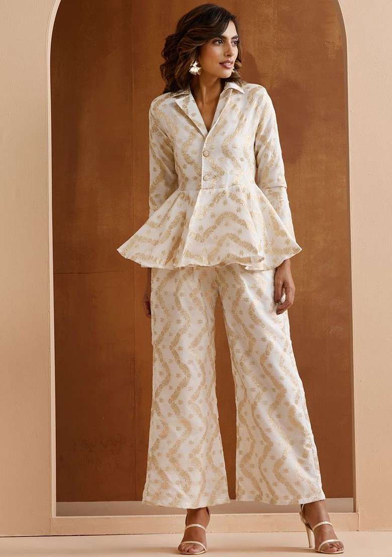 Off White Printed Poly Blend Co Ord Set - Indya