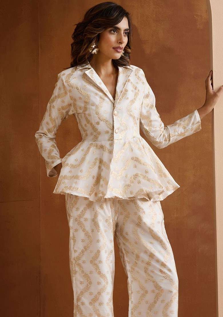 Off White Printed Poly Blend Co Ord Set - Indya