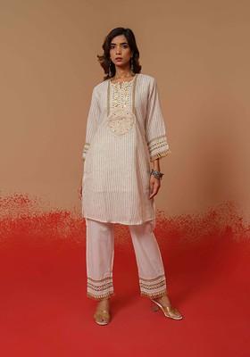 Off White Printed Poly Blend Co Ord Set