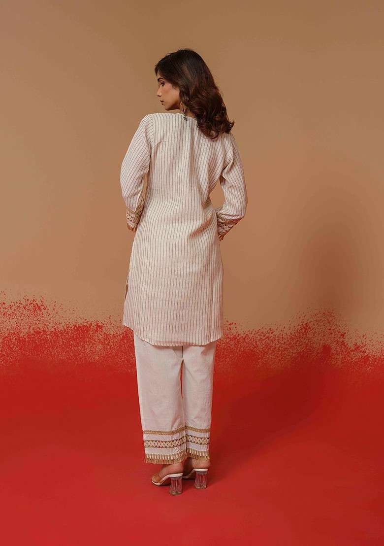 Off White Printed Poly Blend Co Ord Set - Indya