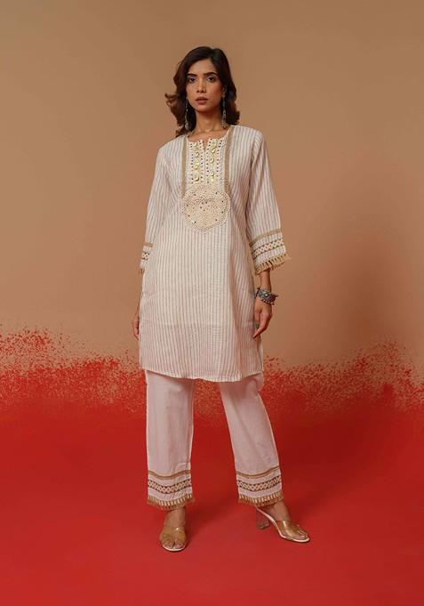 Off White Printed Poly Blend Co Ord Set