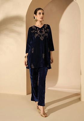 Navy Blue Printed Poly Blend Co Ord Set