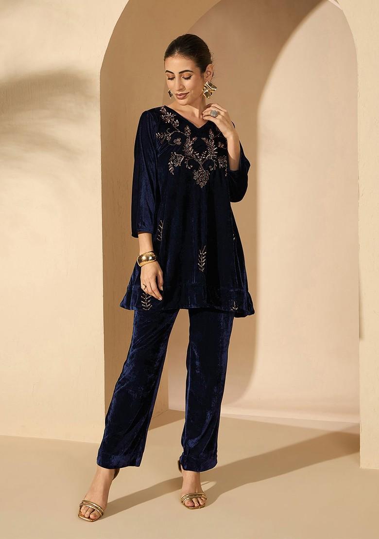 Navy Blue Printed Poly Blend Co Ord Set - Indya