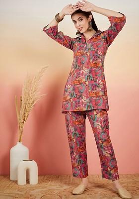 Pink Printed Poly Blend Co Ord Set