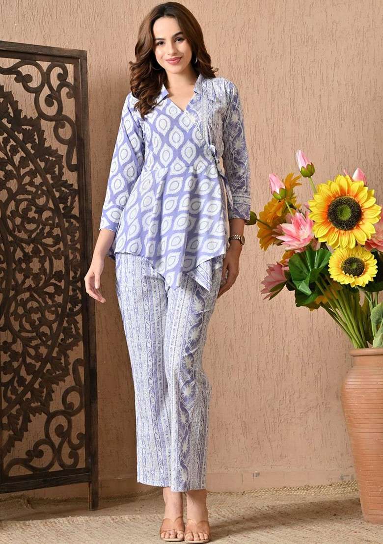 White Printed Cotton Co Ord Set - Indya