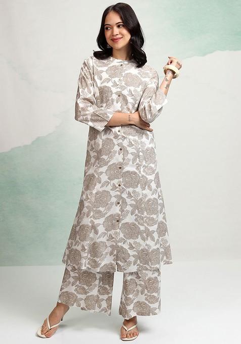 Taupe Printed Poly Blend Co Ord Set