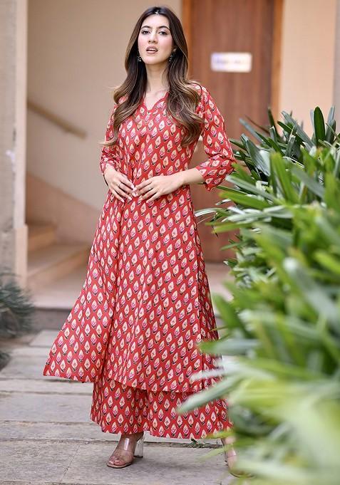 Red Printed Cotton Co Ord Set
