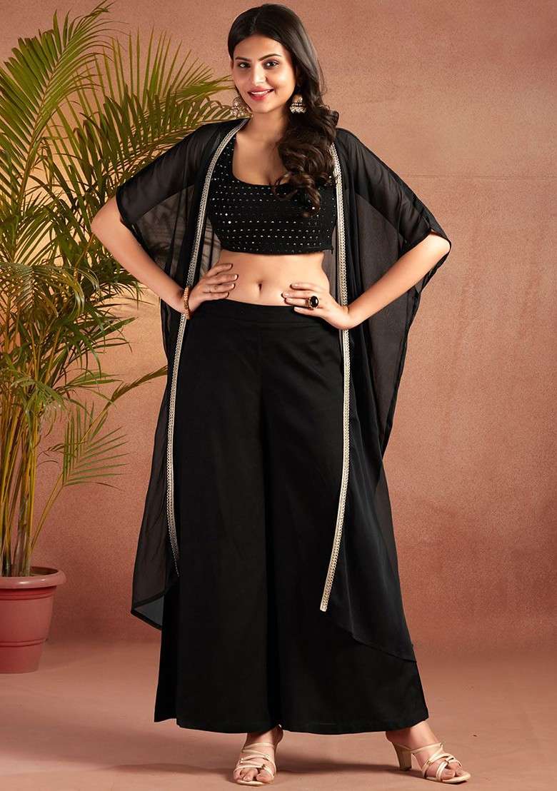 Black Printed Poly Blend Co Ord Set - Indya