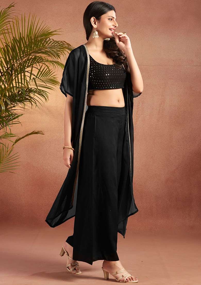 Black Printed Poly Blend Co Ord Set - Indya