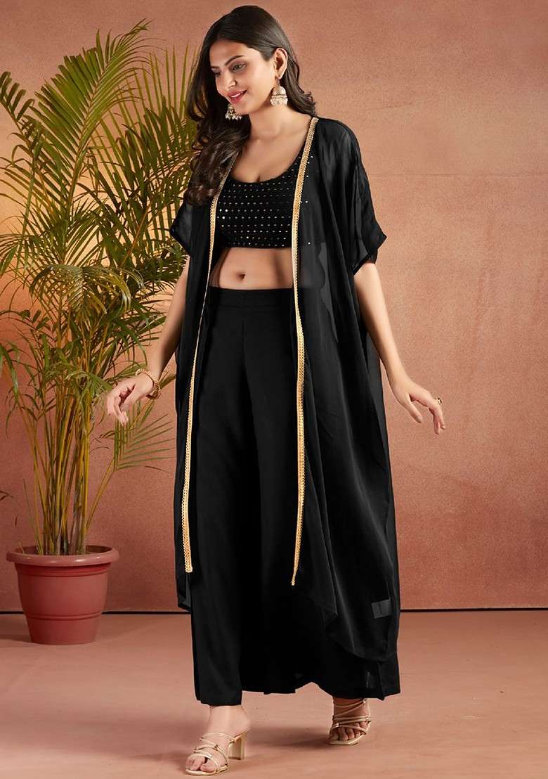 Black Printed Poly Blend Co Ord Set - Indya