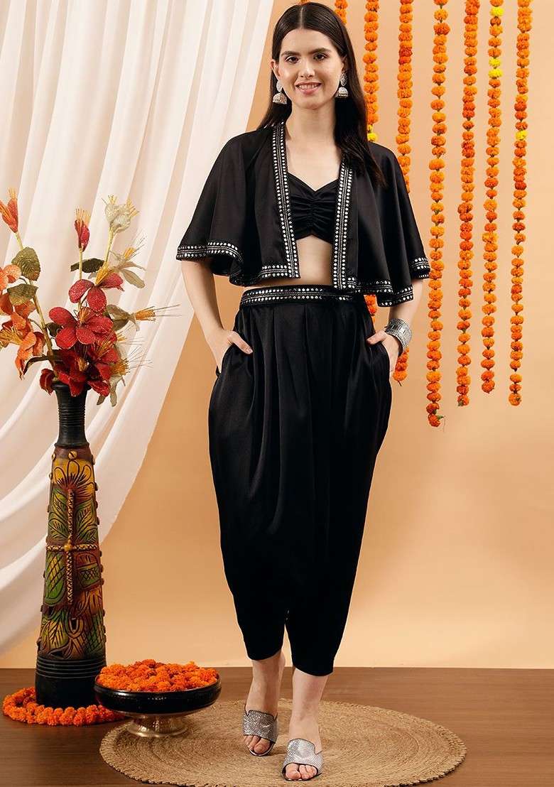 Black Printed Poly Blend Co Ord Set - Indya