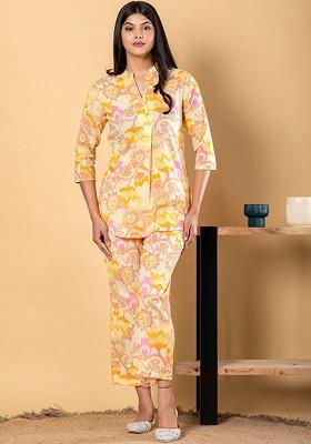 Yellow Printed Poly Blend Co Ord Set