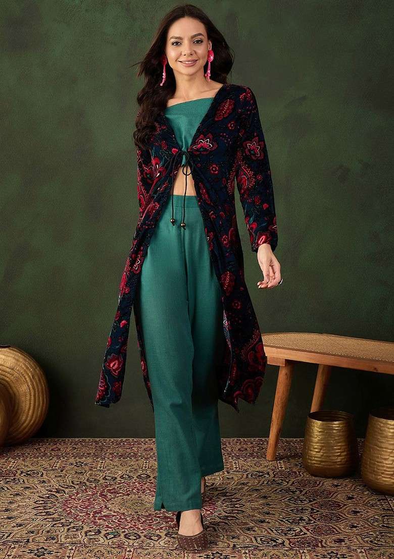 Green Printed Poly Blend Co Ord Set - Indya