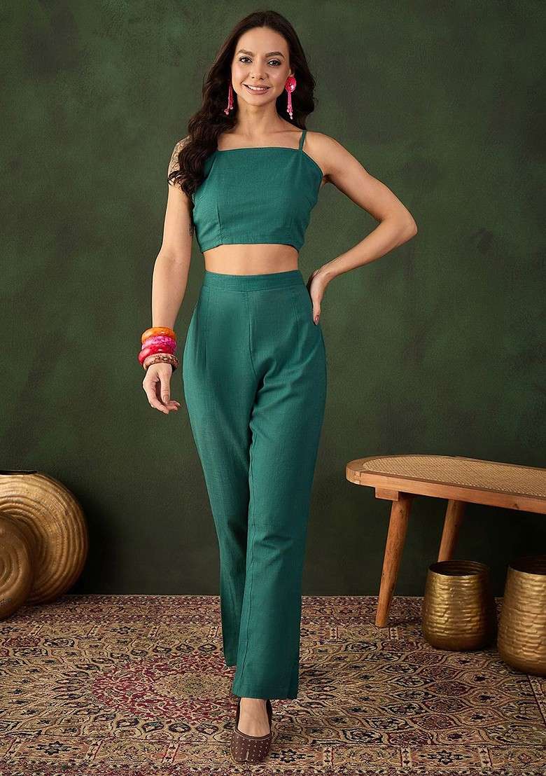 Green Printed Poly Blend Co Ord Set - Indya