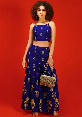 Blue Printed Poly Blend Co Ord Set