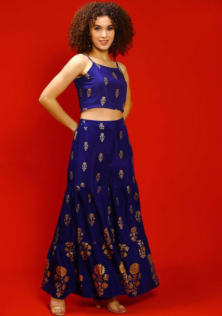 Blue Printed Poly Blend Co Ord Set - Indya