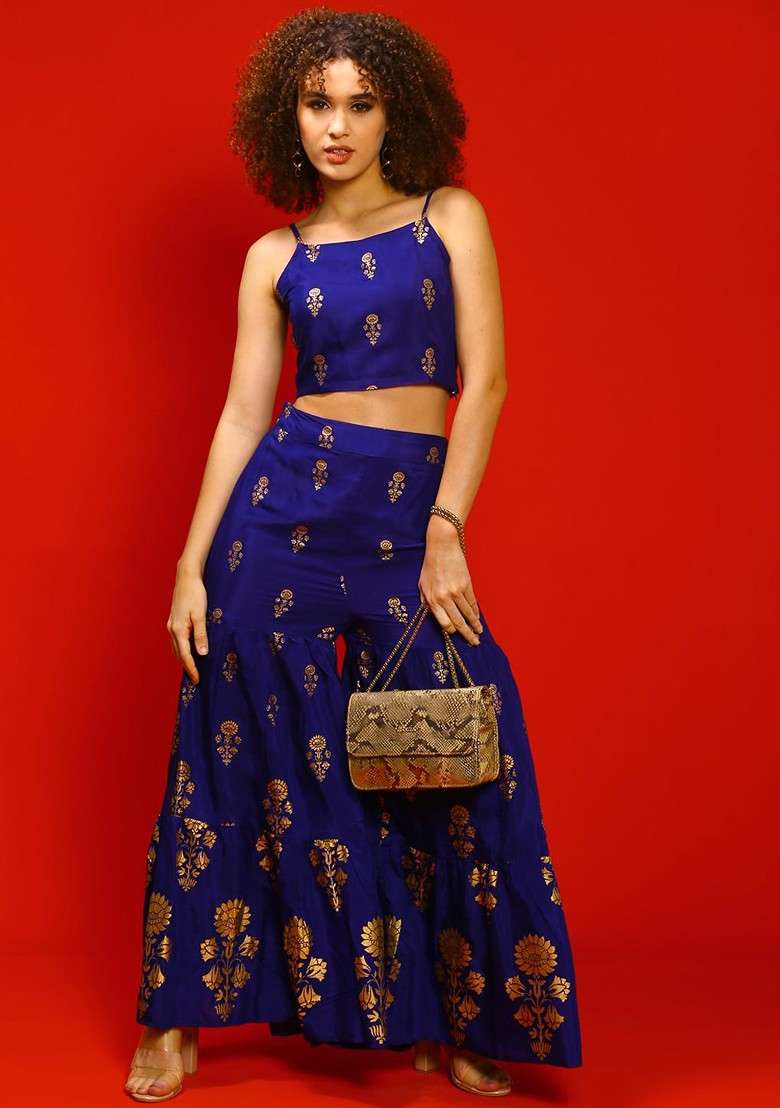 Blue Printed Poly Blend Co Ord Set - Indya
