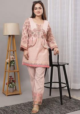 Peach Printed Poly Blend Co Ord Set