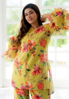 Yellow Printed Poly Blend Co Ord Set